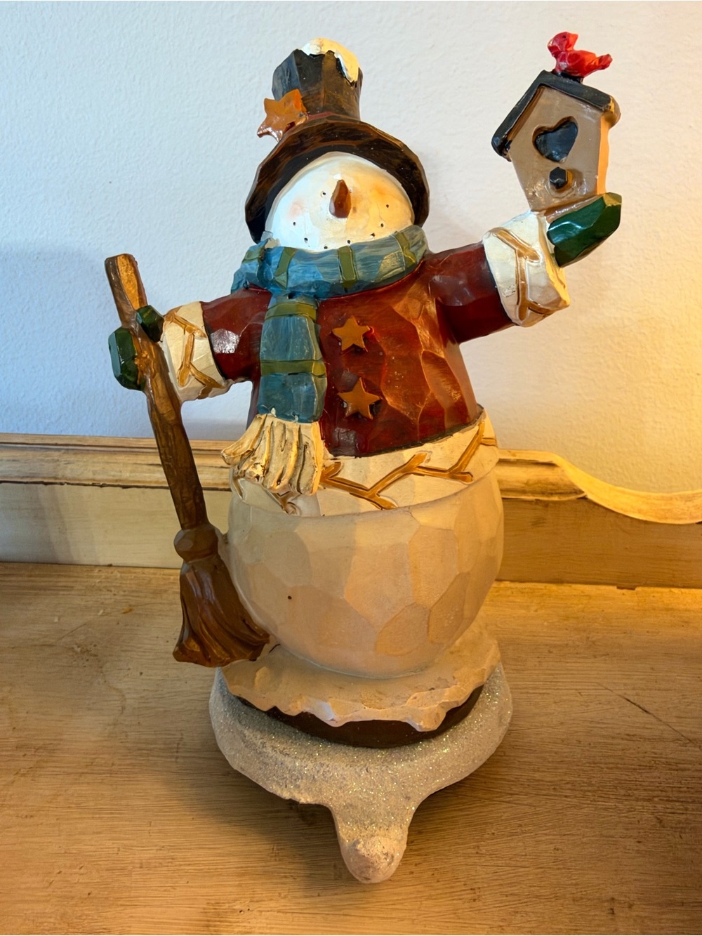 Hand-Painted Beige and Red Snowman Figurine with Scarf - Home Art